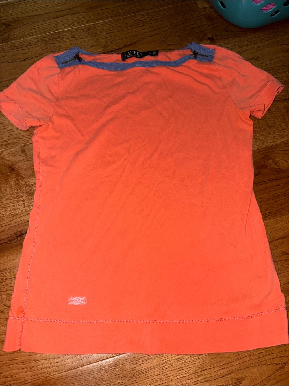 Lauren Ralph Lauren Coral Short Sleeve Tee with Blue Trim